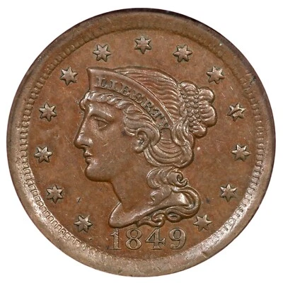 1849 N-2 NGC AU 58 Braided Hair Large Cent Coin 1c - Image 1 of 4