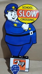 7up Slow School Crossing Porcelain Enamel Sign 40 x 20 Inches 2 Sided - Picture 1 of 15