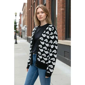 Vintage 1980s THE NOTEBOOK Black White Paisley Wool Angora Cardigan Sweater M/L - Picture 1 of 6