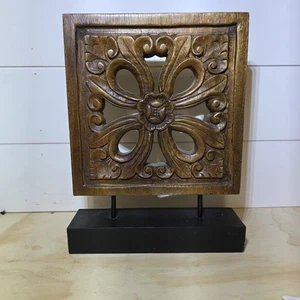 Handcarved Natural Wood Panel Thailand Art Sculpture With Stand  - Picture 1 of 16