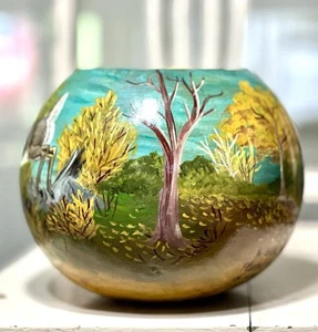 Hand Painted Gourd Vase Artist Signed- Farm Mountains Horses Deer Cottage core - Picture 1 of 19