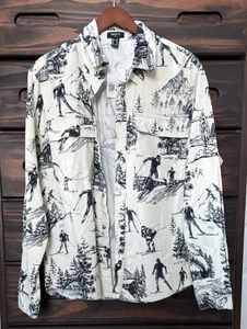 Forever 21 Mens Creme Black Shirt Ski Cabin Graphics Thick Corduroy Feel Medium - Picture 1 of 10