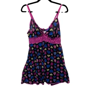 Lencería Babydoll transparente con estampado de corazón negro cacique ribete de encaje rosa talla grande - Imagen 1 de 9