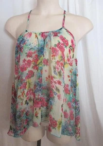 Reg Size L Casa Lee Top Sheer Polyester  Multicolor Floral Print Spaghetti Strap - Picture 1 of 6