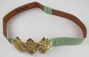 Vintage Alexis Kirk etruskischer Stil verzierte goldfarbene Medaillons grüner Gürtel - Bild 1 von 5