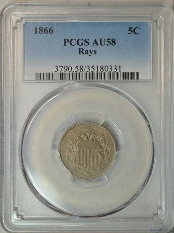 1866 Shield nickel, with Rays, PCGS AU58..........Type Coin Company Cover