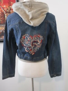 HIP Jeans Blue Denim Jacket Embroidered With Filigree Heart Design On Back Sz 12 - Picture 1 of 9