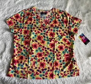 Koi French Bull Scrub Top Women’s 2X Yellow Lulu Gerbera’s Daisy Nursing Medical - Picture 1 of 11