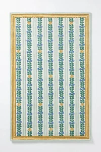 Floral Stripe Wool Tufted Rug Vintage Botanical Cottagecore Handcrafted Carpet - Picture 1 of 3