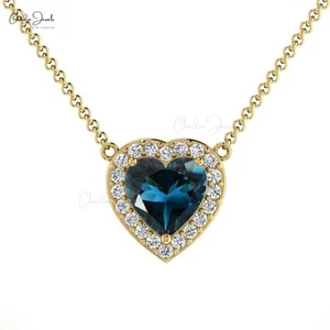 London Blue Topaz Heart Necklace 5mm in 14k Gold Diamond Accent Pendant For Mom - Picture 1 of 22