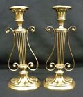 Pair Of Museum Mottahedeh Reproductions 13" Brass Harp Lyre Candlesticks