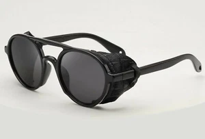 Men's Women Sunglasses Vintage Steampunk Side Shields Leather Round Retro Shades - Picture 1 of 16