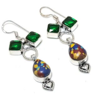 Mosaic Jasper, Diopside Gemstone 925 Sterling Silver Handmade Earring 2.25 " r82 - Picture 1 of 5