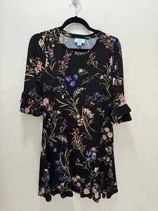 Cece Ruffled Cuff Black Floral Stretch Dress Size Small Romantic Cottage Core - Picture 1 of 7