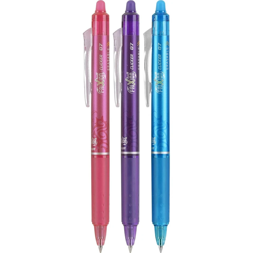 3 Pilot Frixion Erasable Clicker GEL Pens Pink Purple Light Blue Ink