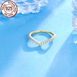 Anello impilabile forma V matrimonio placcato oro S925 argento sterling gioielli unici - Foto 1 di 11