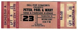 Peter Paul & Mary 8/23/78 Philadelphia PA Dell Pop Concert Ticket! And