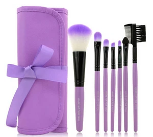 7 Pc Set Makeup Brushes Purple Wood Cosmetic Bag Brush Gift Set - Picture 1 of 5