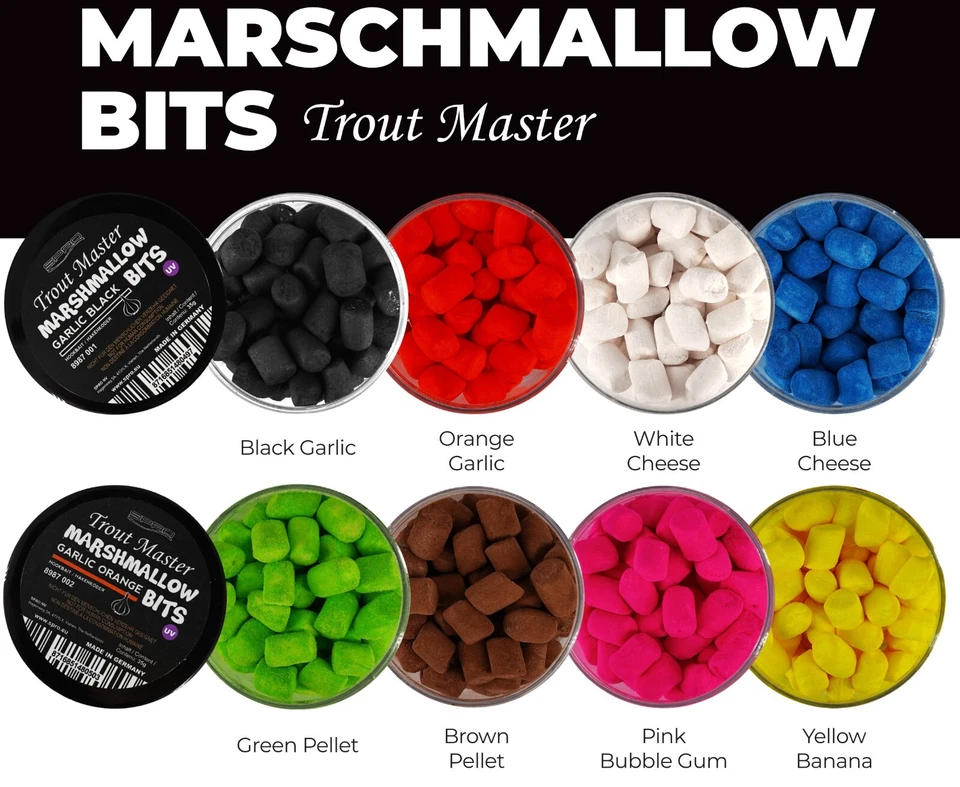 Spro Trout Master Marshmallow Bits UV Garlic Cheese Pellet Forellen Angeln Köde