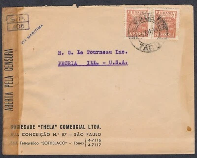 Brazil São Paulo to Peoria USA Censor Examined Cover 1944 Latin America Postage - Image 1 of 2