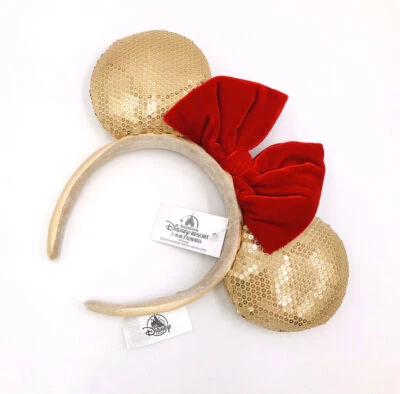 Diadema Mickey Mouse Gold Sequins 2019 lazo rojo rara orejas de Minnie parques Disney Foto 1 de 4