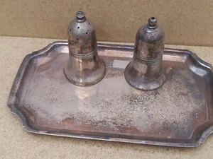 Vintage Old Antique Brass silver decorative salt & pepper pots pair & tray - Picture 1 of 12