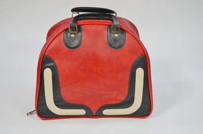 Vintage Retro Red Black White Bowling Ball Bag with Ball Rack Handles - Image 1 of 4