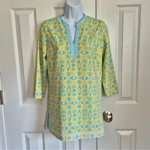 Top túnica para mujer J. McLaughlin amarillo azul boho manga 3/4 estampado talla pequeña - Imagen 1 de 10
