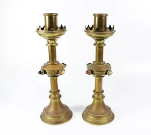 Victorian Gothic Revival Edelstein Intarsien Messing Kerzenständer Manier of AWN Pugin - Bild 1 von 10