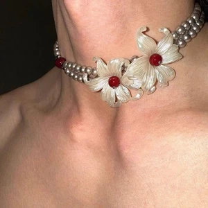 Y2K Iris Flower Necklace Pearl Beaded Choker Necklace Jewelry Accessories - Picture 1 of 6