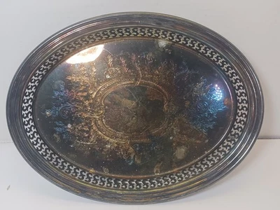 Bandeja para servir ovalada vintage Oneida plateada borde perforado reticulado 11x8 Foto 1 de 4