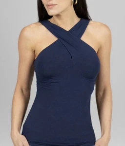Chaps Criss Cross Front Neckholder Tank Top Damen M Blau Maritim Preppy Stretch - Bild 1 von 14