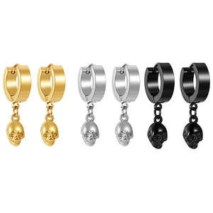 Men's Punk Stainless Steel Skull Drop Dangle Earrings Hoop Huggie Hinged Studs - Picture 1 of 20