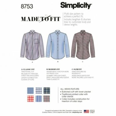 SIMPLICITY 8753 MEN'S SHIRTS Sewing Pattern Sizes 34-42 & 44-52 MADE TO FIT - Image 1 of 4