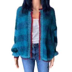 Maglione cardigan maglia mohair a righe blu Rose Carmine Little Jacket $659 nuovo con etichette OS - Foto 1 di 8