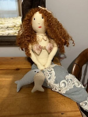 Mermaid Shelf Sitter Doll Fabric 24” Beach Nautical Decor Denim Tail Mythical  - Image 1 of 4