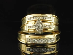 Diamond Matching Wedding Set Yellow Gold Round Cut Engagement Ring Trio 0.51 Ct - Picture 1 of 8