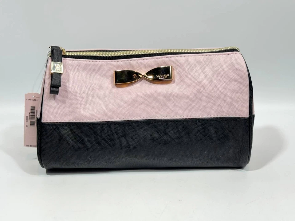 Victoria’s Secret Bolso de Cosméticos Rosa y Negro con Lazo Dorado – Bolsa de Maquillaje de Viaje Foto 1 de 4