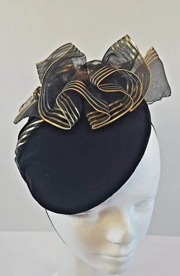Nan Duskin Fascinator Ah Capello Black Velvet Gold Striped Ribbon Cherub Medal - Image 1 of 4