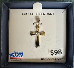 14k Yellow Gold Holy Crucifix Beveled Christian Cross Pendant Baptism Gift Charm - Picture 1 of 12