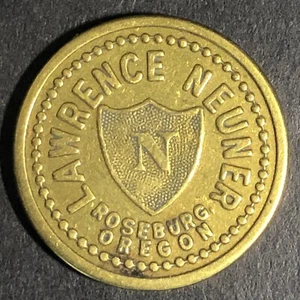 Lawrence Neuner Roseburg, ORE Cigar Store Brass G/F 5c Trade Token 21.1mm c1925 - Picture 1 of 3