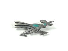 Southwest Sterling Silver Roadrunner Bird Brooch w/ Blue Turquoise Inlay 1 5/8”