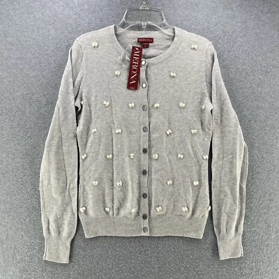 全新带标签 Merona 女式开衫 XS X 小号灰色圆领纽扣闭合丝带 — 第 1/4 张图片