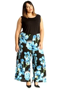 New Ladies Plus Size Trousers Womens Floral Print Palazzo Wide Leg Pant 12 - 30 - Picture 1 of 7