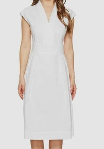 $1295 Escada Women White Stretch Cap-Sleeve V-Neck Pleated A-Line Dress US 14/44 - Picture 1 of 1