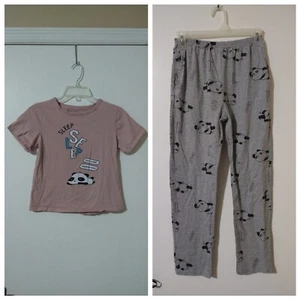 Girls Sleeping Pandas Pajamas 2 Piece Set Pink Gray Size 12 Long Pants - Picture 1 of 12