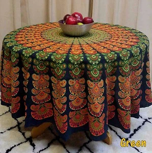 Handmade Cotton Sanganer Peacock Mandala Floral Tablecloth Round 72 inch Green - Picture 1 of 3