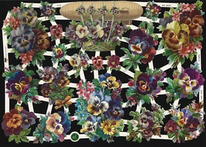 German Vintage Style Scrap Die Cut - Hot Air Balloon Pansies Flowers EF7414 - Picture 1 of 2