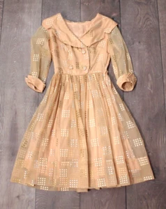 Vtg Women's 50s Champagne Chiffon Cocktail Dress 1950s Metallic Polka Dots Sz XS - Picture 1 of 6