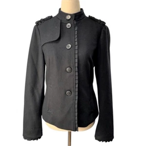 GAP- Military Inspired Black Wool Jacket with Ribbon Ruffle Trim, Size 12 - Picture 1 of 13